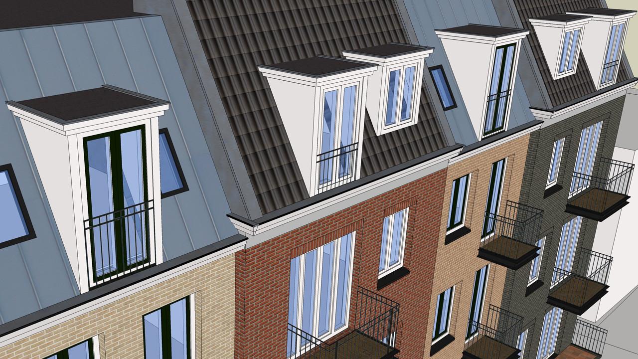 3D impressie voorgevel in vogelvlucht