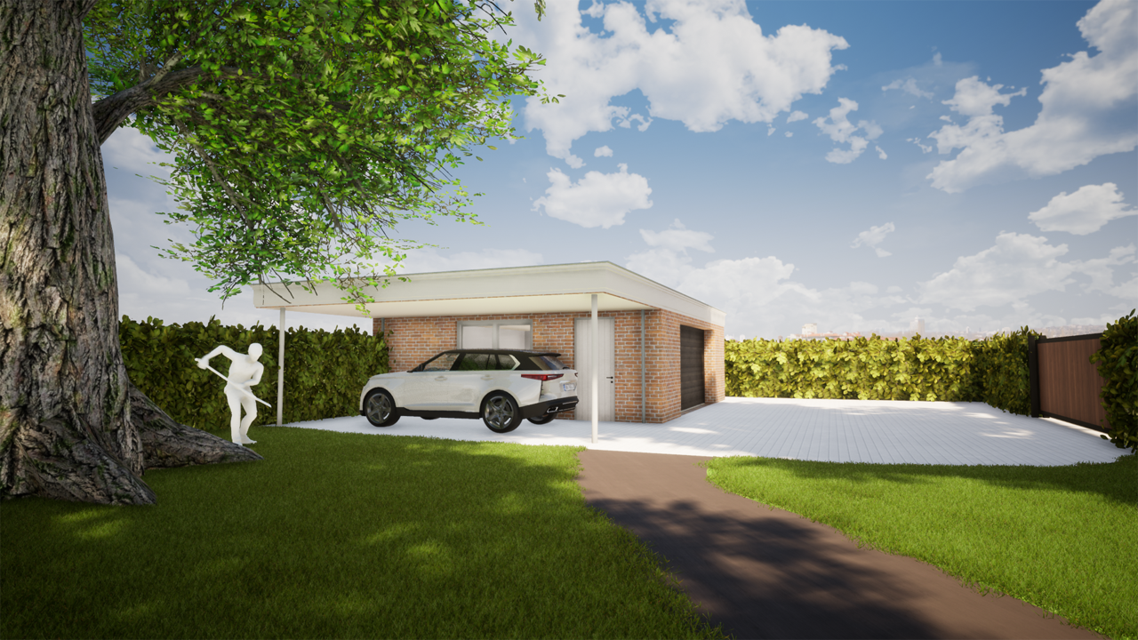Een nieuwe garage met carport in dezelfde stijl als de aanbouw